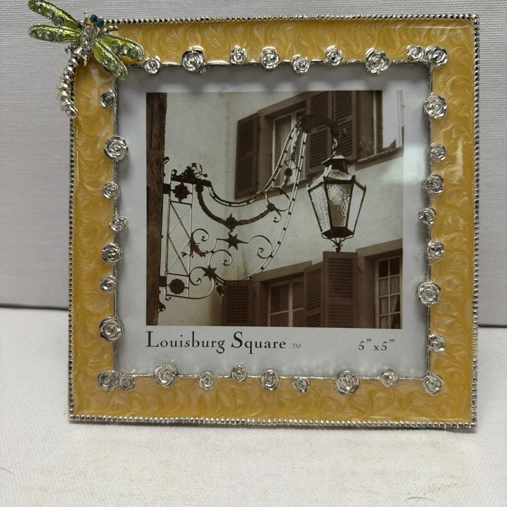 Yellow Swirl Enamel Silvertone Green Dragonfly Embellished Square Picture Frame